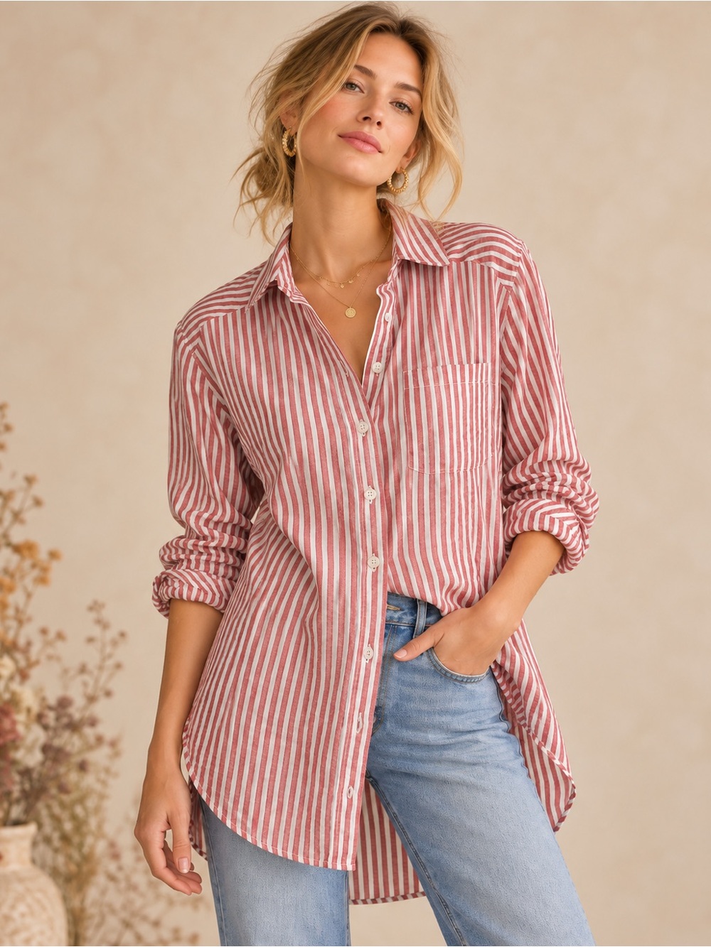 Anthropologie Red & White Striped High Low Button Down Tunic Shirt Size Small